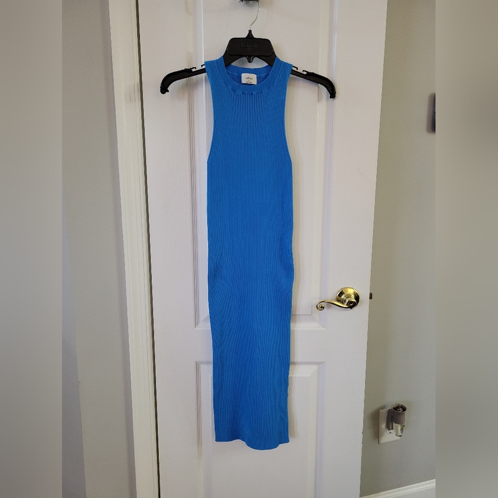 Wilfred Aritzia Moonstruck Dress Ribbed Knit Bodycon Midi Blue Size XS High Neck